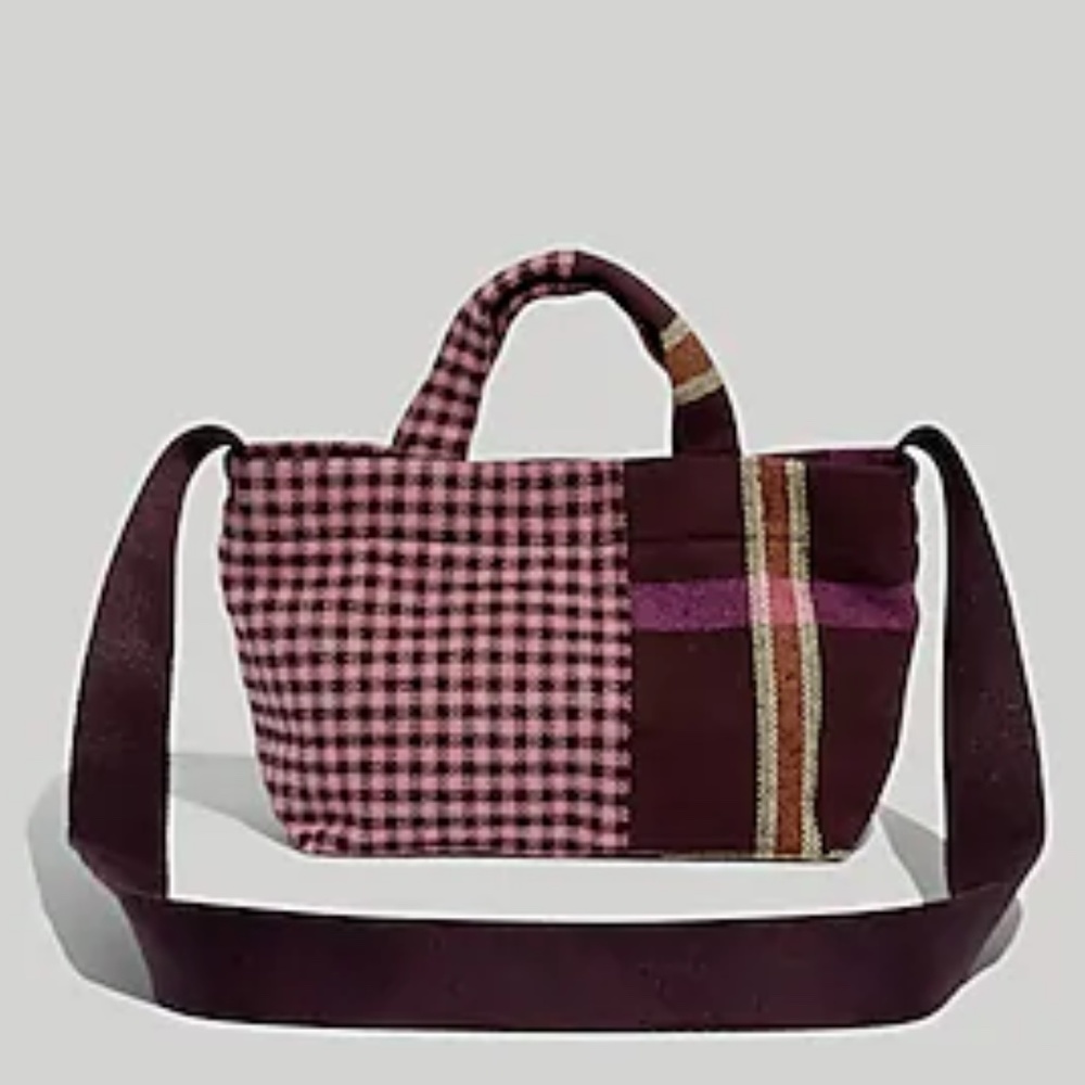 NWT Madewell MINI CROSSBODY TOTE IN MIXED PLAID SPICED Raisin deep purple & pink